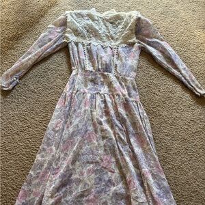 Gunne Sax Light Prairie Lace Victorian Floral High Neck Dress Size 6